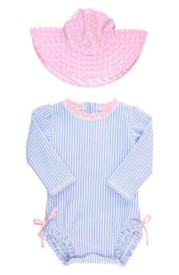 RuffleButts Seersucker One-Piece Rashguard Swimsuit & Hat Set in Blue/Pink