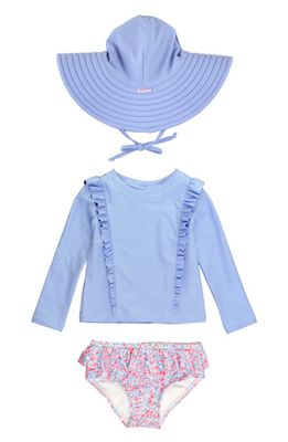 RuffleButts Shimmer Long Sleeve Two-Piece Swimsuit & Hat Set in Periwinkle
