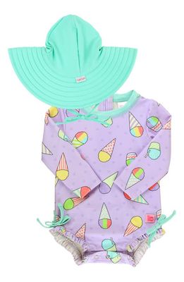 RuffleButts Snow Cone Long Sleeve One-Piece Rashguard Swimsuit & Hat Set in Purple