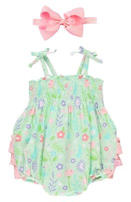 RuffleButts Some Bunny to Love Romper & Headband in Green Blue Pink