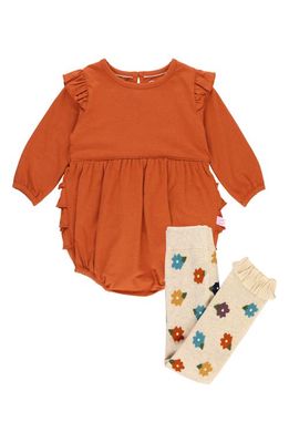 RuffleButts Stretch Cotton Bubble Romper & Cotton Blend Tights Set in Rust