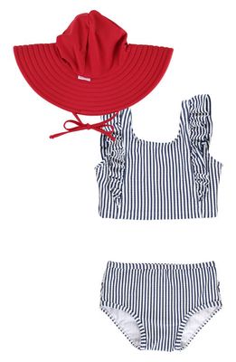 RuffleButts Stripe Ruffle Two-Piece Rashguard Swimsuit & Hat Set in Blue