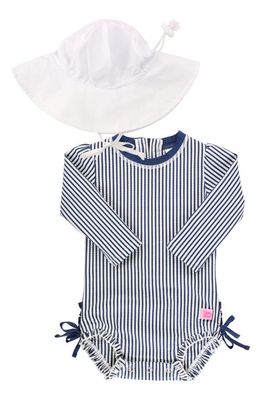 RuffleButts Stripe Seersucker Long Sleeve One-Piece Rashguard Swimsuit & Headband Set in Blue