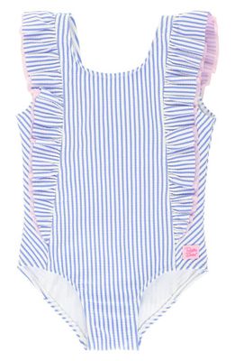 RuffleButts Stripe Seersucker One-Piece Swimsuit in Blue
