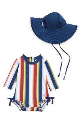 RuffleButts Sunset Stripe One-Piece Rashguard Swimsuit & Hat Set in Blue