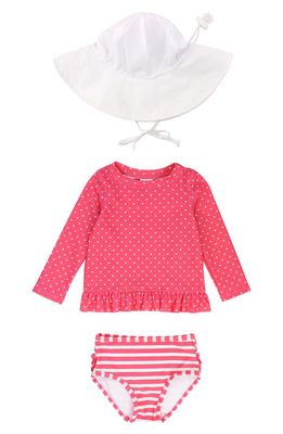RuffleButts Two-Piece Rashguard Swimsuit & Hat Set in Pink Heart Polka Dot
