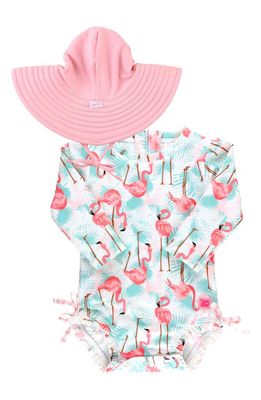 RuffleButts Vibrant Flamingo One-Piece Rashguard Swimsuit & Hat Set in White