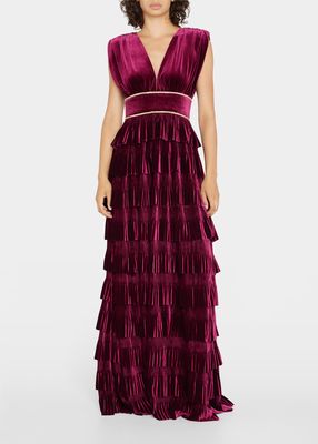 Ruffled Rhinestone-Embellished Velvet Gown