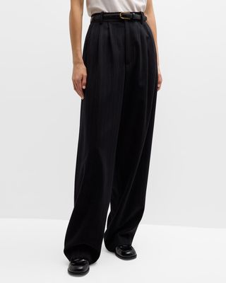 Rufos Pleated Wide-Leg Pinstripe Cahsmere Pants