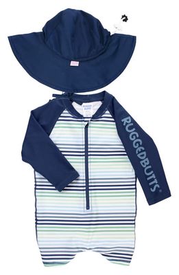 RuggedButts Coastal Stripe One-Piece Rashguard Swimsuit & Hat Set 