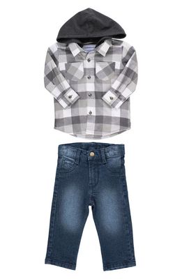RuggedButts Kids' Check Hooded Button-Up Shirt & Jeans Set in Grey