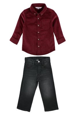RuggedButts Kids' Cotton Corduroy Button-Down Shirt & Jeans Set in Red