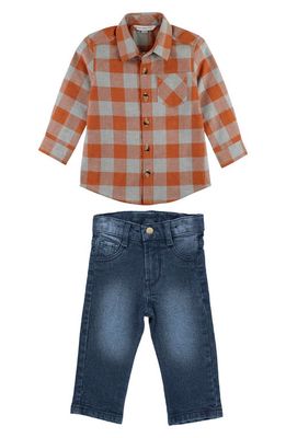 RuggedButts Kids' Hadlee Plaid Button-Up Shirt & Jeans Set in Orange