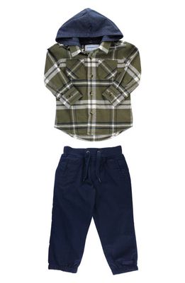 RuggedButts Kids' Plaid Hooded Button-Up Shirt & Joggers Set in Green