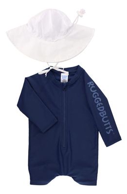RuggedButts Long Sleeve One-Piece Rashguard Swimsuit & Hat Set in Blue