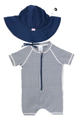 RuggedButts Stripe Short Sleeve One-Piece Rashguard Swimsuit & Hat Set in Blue