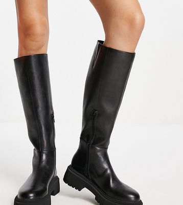 Rule London Exclusive Robin flat knee boots in black PU