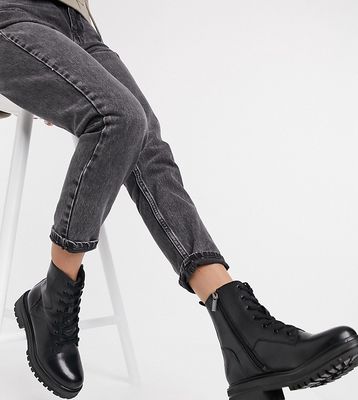 Rule London wide fit leather chunky lace up boots in black