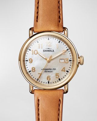 Runwell Mother of Pearl Dial Leather Strap Watch, 41mm