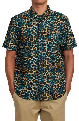RVCA Cheeter Leopard Print Short Sleeve Cotton Button-Up Shirt in Blue Multi