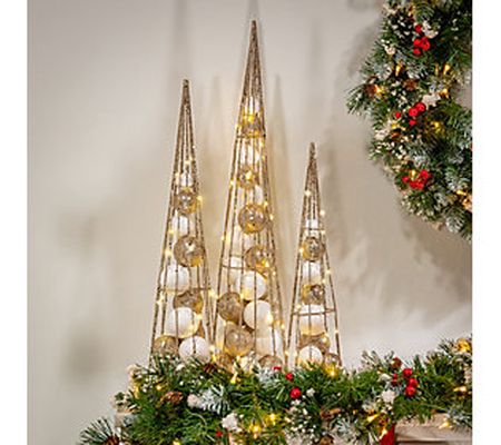 S/3 Lighted Gold Ornament Cone Trees by Everlas ting Glow