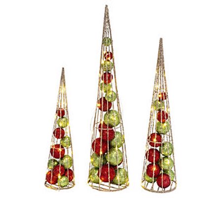 S/3 Lighted Red & Green Ornament Cone Trees by Gerson Co