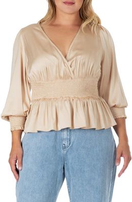 S AND P Smocked Peplum Satin Top in Champagne
