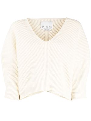 SA SU PHI V-neck ribbed-knit jumper - White
