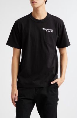 Sacai AMG Logo Embroideed Cotton Pocket T-Shirt in Black