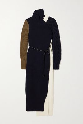Sacai - Asymmetric Belted Paneled Wool-blend Dress - Blue