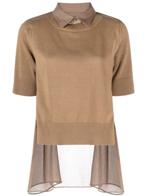 sacai asymmetric cotton short-sleeve top - Brown