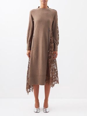 Sacai - Asymmetric Lace-inset Wool Knitted Dress - Womens - Khaki