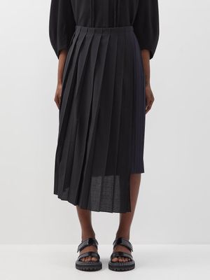 Sacai - Asymmetric Pleated Wool-blend Midi Skirt - Womens - Black