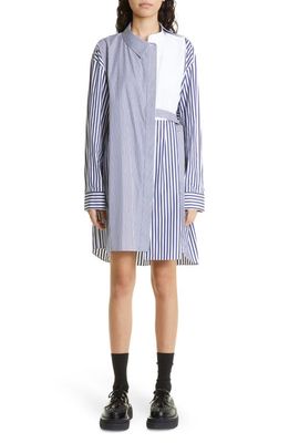 Sacai Asymmetric Stripe Cotton Poplin Shirtdress in Navy Stripe
