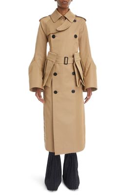 Sacai Belted Double Breasted Cotton Blend Gabardine Trench Coat in Beige