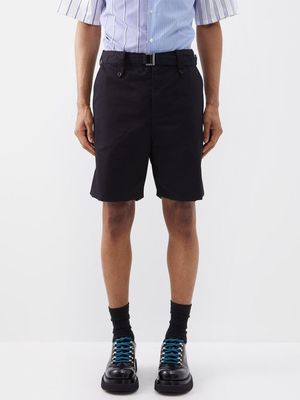 Sacai - Belted Overdyed Cotton Shorts - Mens - Dark Navy