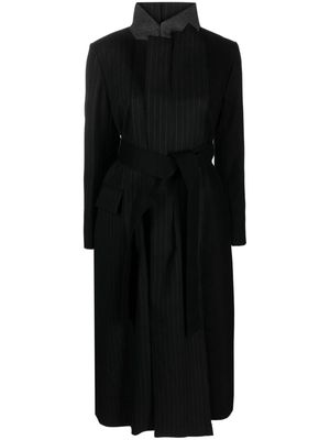 sacai belted pinstripe-pattern wool coat - Black