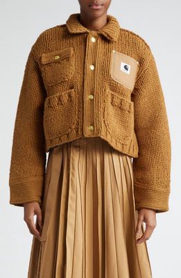 Sacai Carhartt WIP Wool Blend Knit Crop Jacket in Beige