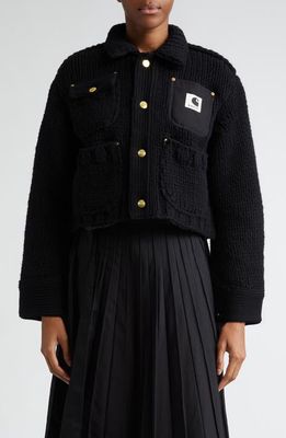 Sacai Carhartt WIP Wool Blend Knit Crop Jacket in Black
