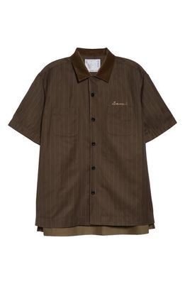 Sacai Chalk Stripe Button-Up Shirt in Brown