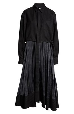 Sacai Chalk Stripe Long Sleeve Mixed Media Dress in Black