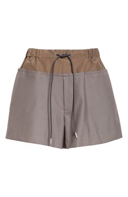 Sacai Colorblock Drawstring Suiting Shorts in Taupe