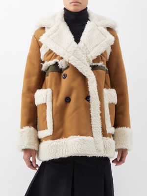 Sacai - Double-breasted Faux-shearling Coat - Womens - Brown Beige
