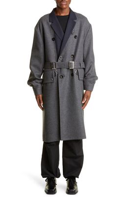 Sacai Double Breasted Melton Wool Coat in Gray
