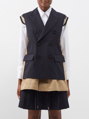 Sacai - Double-breasted Technical-blend Sleeveless Jacket - Womens - Navy Beige
