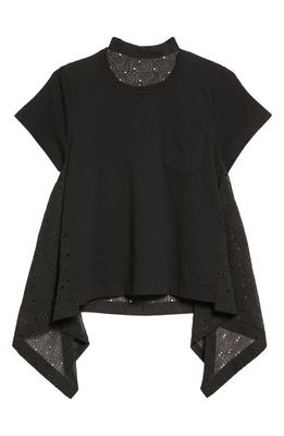 Sacai Embroidered Eyelet & Jersey Asymmetric T-Shirt in Black/Black