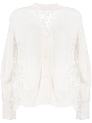 sacai embroidered-lace panel cardigan - White