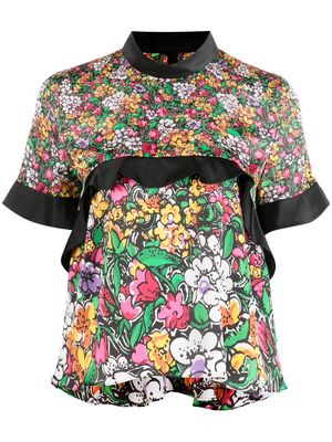 sacai floral-print high-neck ruffled blouse - Multicolour