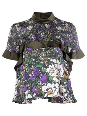 sacai floral-print high-neck ruffled blouse - Purple