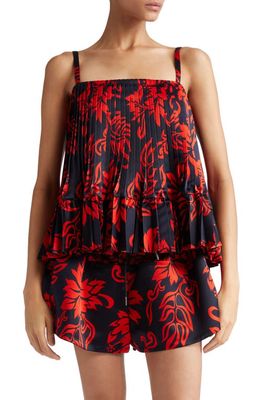 Sacai Floral Print Pleated Top in Red/navy